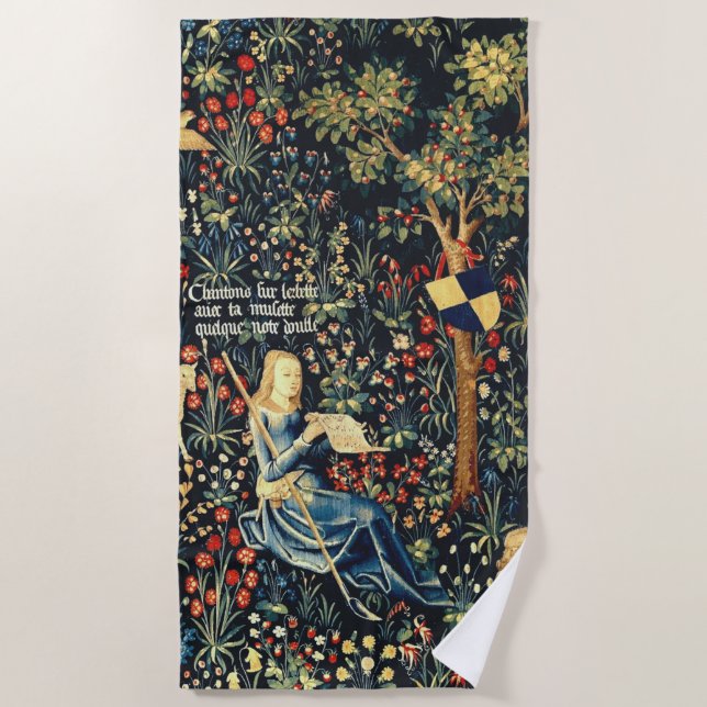 Medieval Renaissance Tapestry  Shepherds and Sheep Beach Towel (Front)