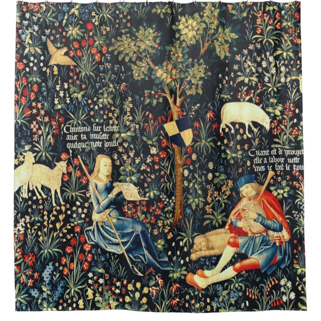 Medieval Renaissance Tapestry  Shepherds and Sheep Shower Curtain (Front)