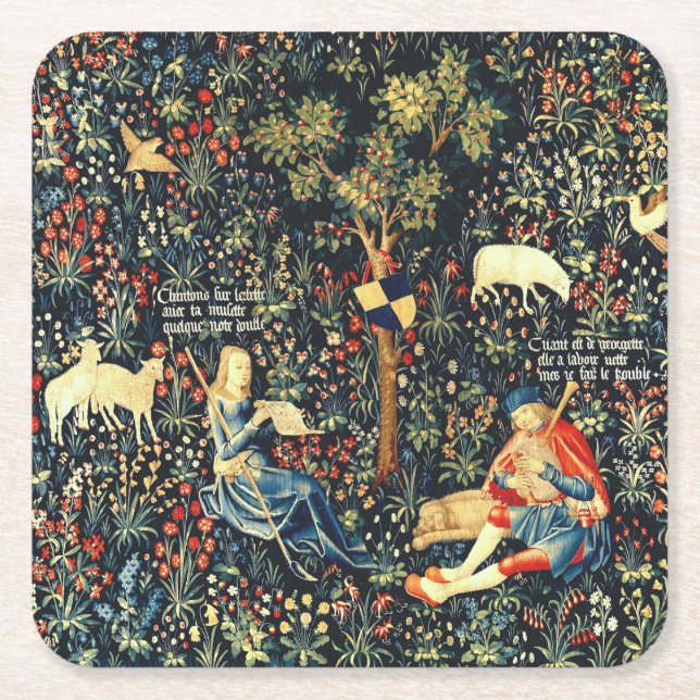 Medieval Renaissance Tapestry  Shepherds and Sheep Square Paper Coaster (Front)