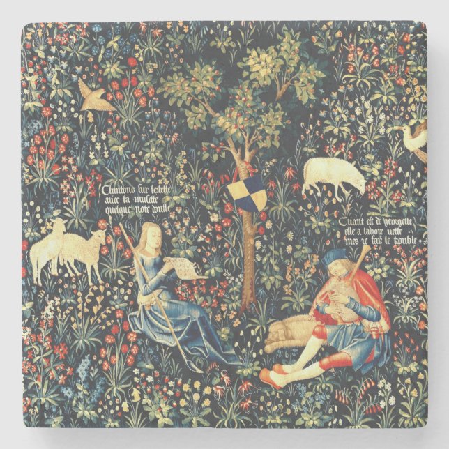 Medieval Renaissance Tapestry  Shepherds and Sheep Stone Coaster (Front)