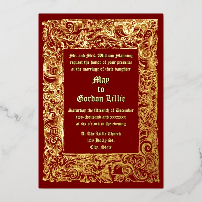 Medieval Renaissance Woodblock Border Wedding Foil Invitation (Front)