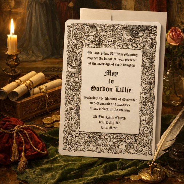 Medieval Renaissance Woodblock Border Wedding Invitation (Creator Uploaded)