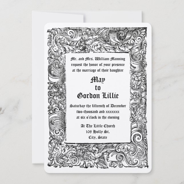 Medieval Renaissance Woodblock Border Wedding Invitation (Front)
