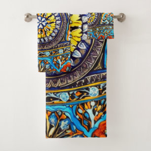 Medieval Roman Italian Spanish Majolica Floral Bath Towel Set