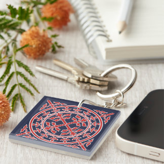 Medieval Romanesque Wreath Leaves Red White Blue Keychain