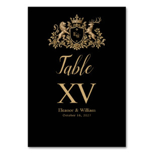 Medieval Royal Black Gold Heraldic Wedding Table Number