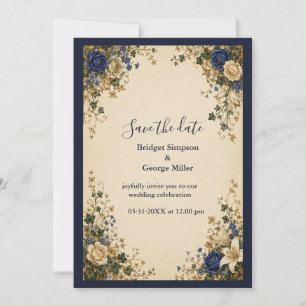 Medieval Royal Blue Botanical Floral Wedding Invitation