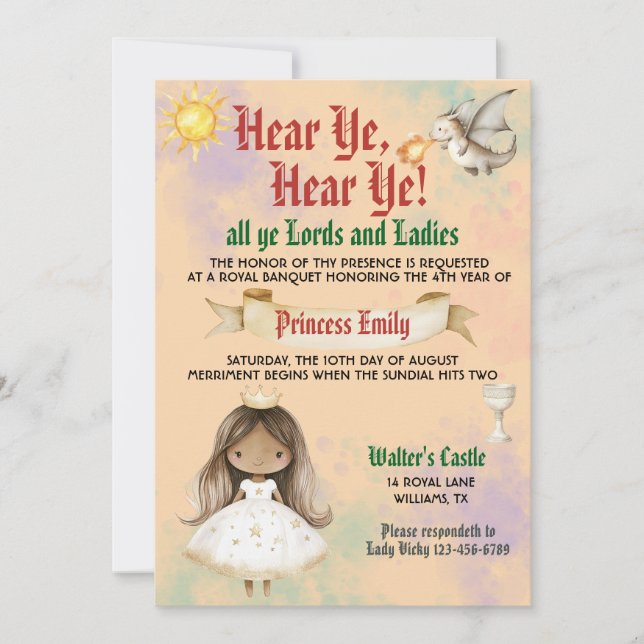 Medieval Royal Princess Birthday Invitation (Front)