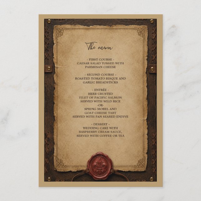 Medieval Rustic Leather Wax Seal Wedding Menu (Front)