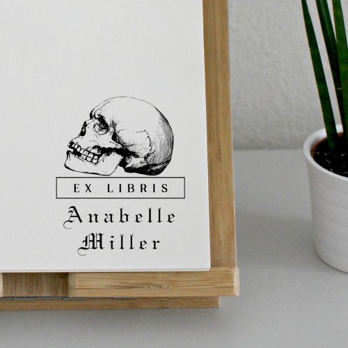 Medieval Script Gothic Skull Classy Ex Libris Book Rubber Stamp