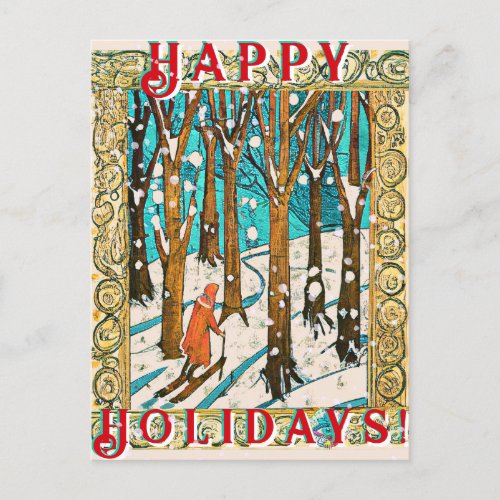 Medieval Skiing Winter Happy Holidays  Postcard