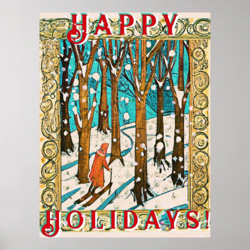 Medieval Skiing Winter Happy Holidays Poster