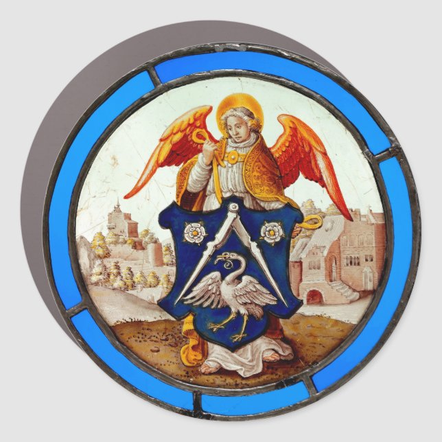 Medieval Stained Glass Angel and Coat of Arms Car Magnet (Front)