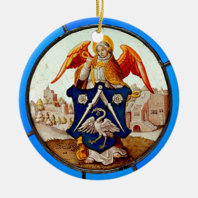 Medieval Stained Glass Angel and Coat of Arms Ceramic Ornament (Front)