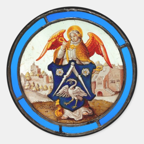 Medieval Stained Glass Angel and Coat of Arms Classic Round Sticker