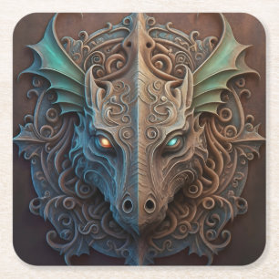 Medieval Stone Gargoyle Dragon Carving Square Paper Coaster