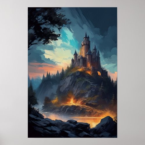 Medieval Stronghold in Setting Sun Poster