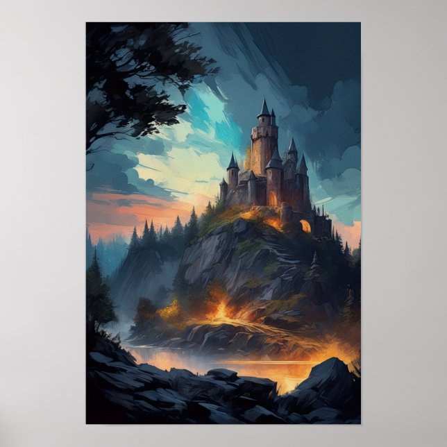 Medieval Stronghold in Setting Sun Poster (Front)