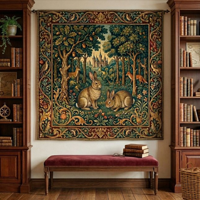 Medieval Style Woodland Forest Rabbit Fairy Tale Tapestry (Add a magical touch to your home with this medieval-style, vintage-look woodland forest tapestry.)