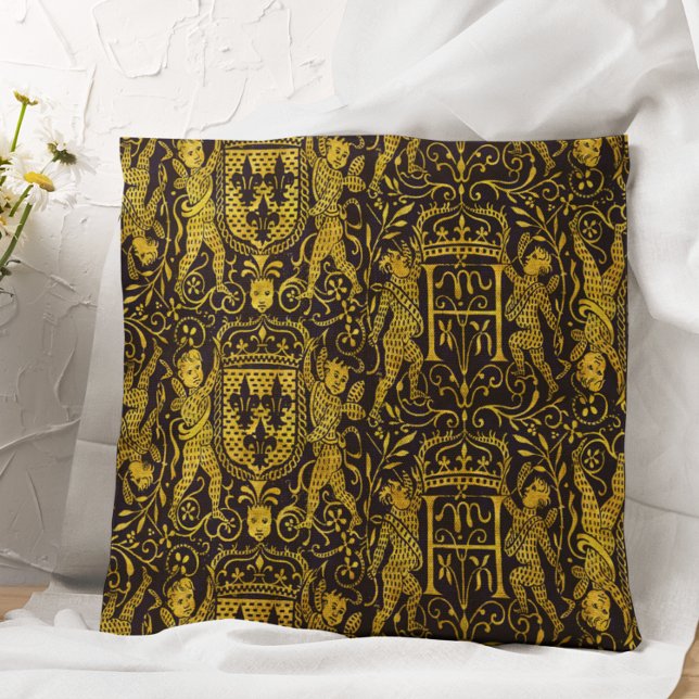Medieval Tapestry Gold and Black Throw Pillow