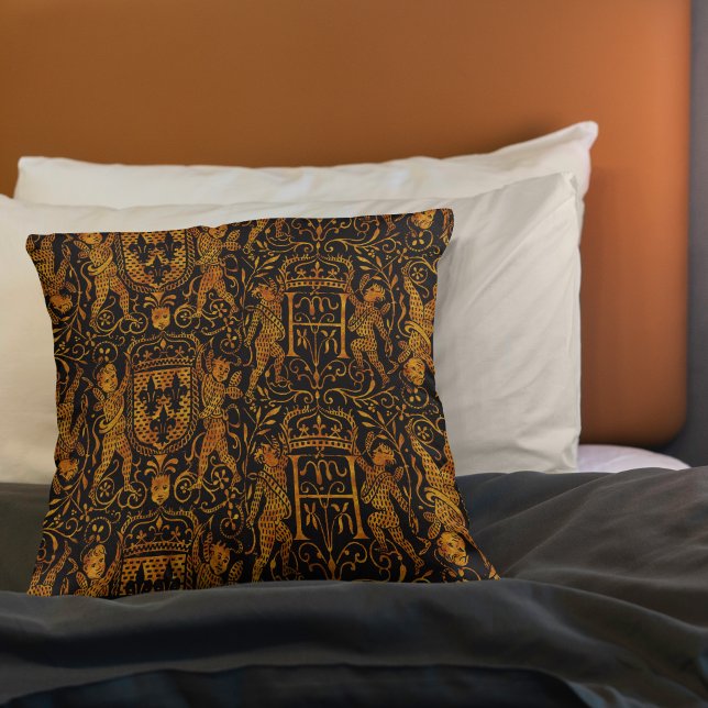 Medieval Tapestry Red Gold and Black Throw Pillow
