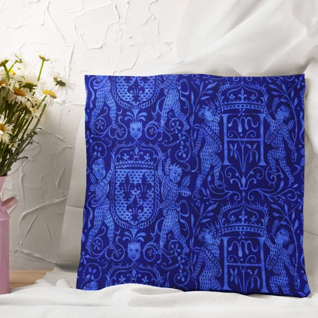Medieval Tapestry Rich Cobalt Blue Throw Pillow