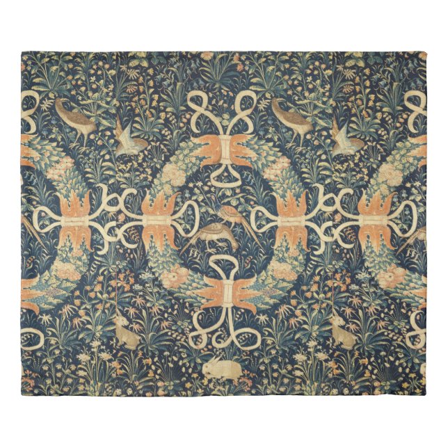 Medieval Tapestry with Flowers, Birds, and Rabbits Duvet Cover (Front)
