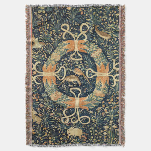Medieval Tapestry with Flowers, Birds, and Rabbits Throw Blanket