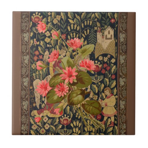 Medieval Tapestry with Vintage Botanical Art Ceramic Tile