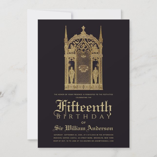 Medieval Themed Birthday Gothic Knight Black Gold  Invitation (Front)