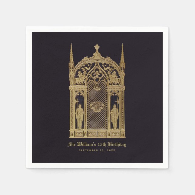 Medieval Themed Birthday Gothic Knight Black Gold Napkins (Front)