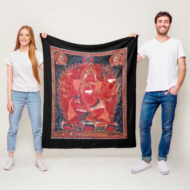 Medieval Tibetan Dancing Red Ganapati Fleece Blanket (In Situ)