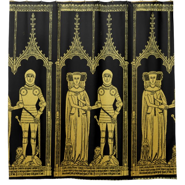 Medieval Tomb Brass Rubbing Knight, Lady and Child Shower Curtain (Front)
