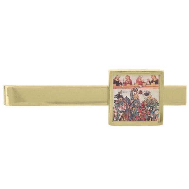 MEDIEVAL TOURNAMENT, FIGHTING KNIGHTS AND DAMSELS GOLD FINISH TIE CLIP (Front)