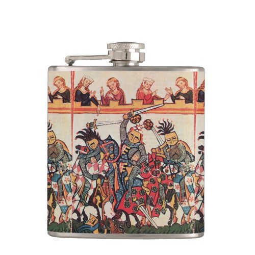 MEDIEVAL TOURNAMENT FIGHTING KNIGHTS AND DAMSELS HIP FLASK