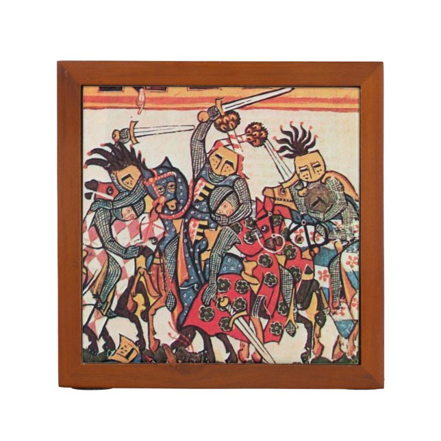 MEDIEVAL TOURNAMENT, FIGHTING KNIGHTS AND DAMSELS PENCIL HOLDER (Front)