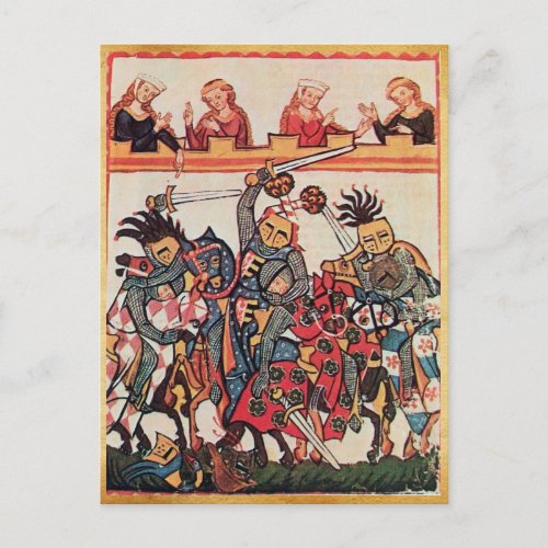 MEDIEVAL TOURNAMENT FIGHTING KNIGHTS AND DAMSELS POSTCARD