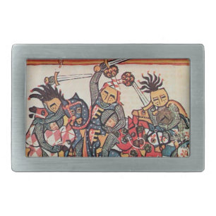 MEDIEVAL TOURNAMENT, FIGHTING KNIGHTS AND DAMSELS RECTANGULAR BELT BUCKLE