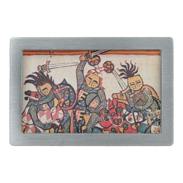 MEDIEVAL TOURNAMENT, FIGHTING KNIGHTS AND DAMSELS RECTANGULAR BELT BUCKLE (Front)