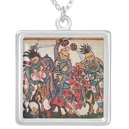 MEDIEVAL TOURNAMENT FIGHTING KNIGHTS AND DAMSELS SILVER PLATED NECKLACE