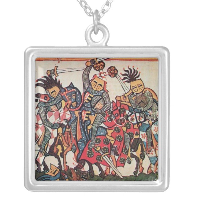 MEDIEVAL TOURNAMENT, FIGHTING KNIGHTS AND DAMSELS SILVER PLATED NECKLACE (Front)
