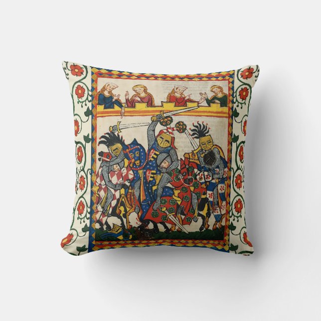 MEDIEVAL TOURNAMENT, FIGHTING KNIGHTS AND DAMSELS THROW PILLOW (Front)