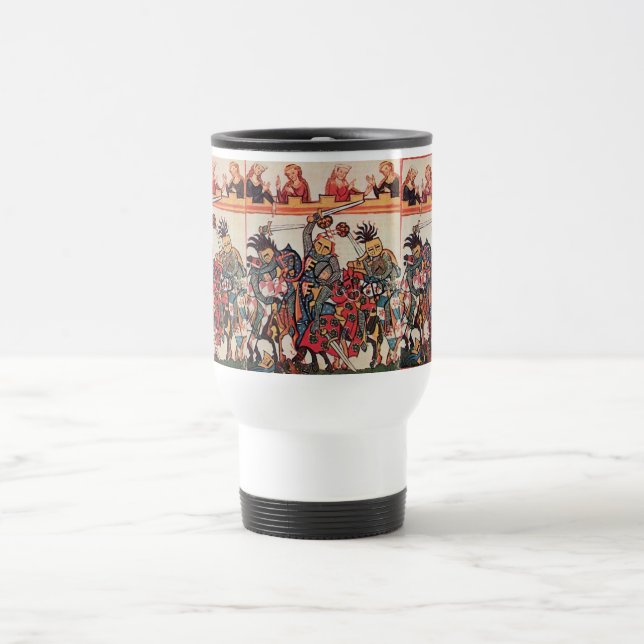 MEDIEVAL TOURNAMENT, FIGHTING KNIGHTS AND DAMSELS TRAVEL MUG (Center)