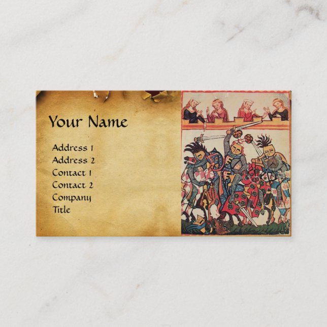 MEDIEVAL TOURNAMENT,FIGHTING KNIGHTS Parchment Business Card (Front)