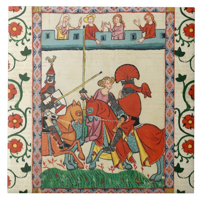 MEDIEVAL TOURNAMENT,KNIGHTS HORSEBACK AND DAMSELS CERAMIC TILE (Front)