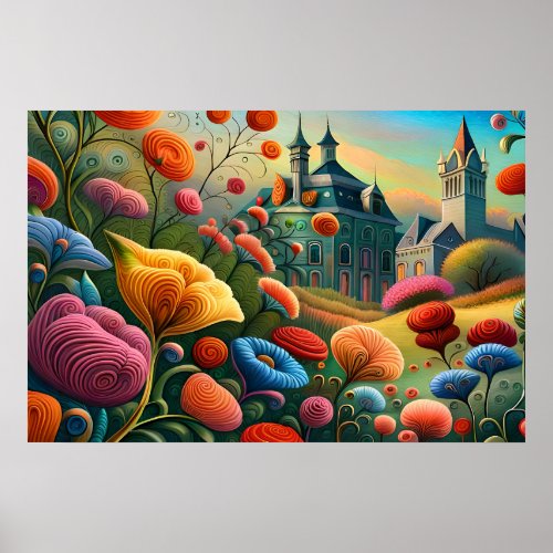 Medieval Towers and a Surreal Landscape of Flowers Poster