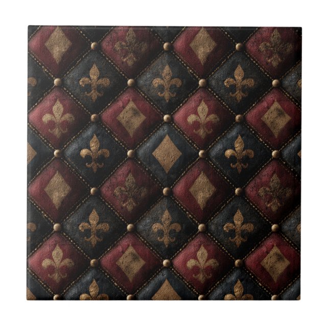 Medieval Tufted Fleur-de-Lis Harlequin Pattern (1) Ceramic Tile (Front)