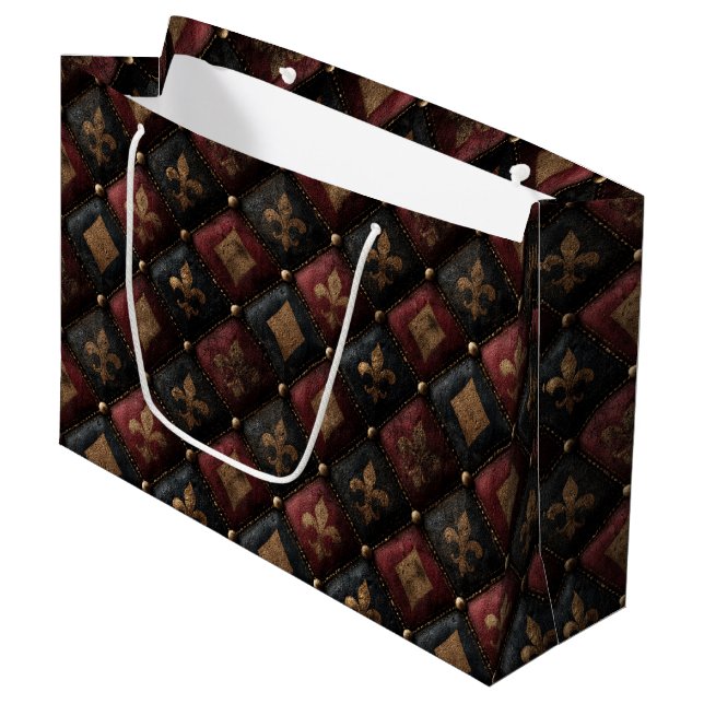 Medieval Tufted Fleur-de-Lis Harlequin Pattern (1) Large Gift Bag (Front Angled)