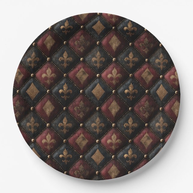 Medieval Tufted Fleur-de-Lis Harlequin Pattern (1) Paper Plates (Front)