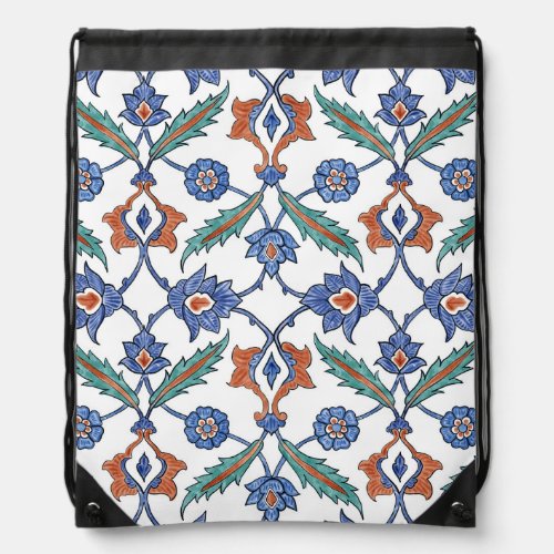 Medieval Turkish Tiles Floral Ornament Drawstring Bag